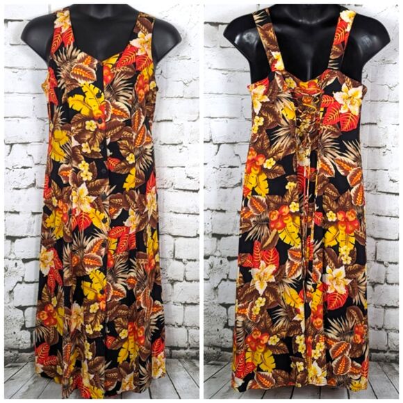 VINTAGE BOULEVARD DE PARIS Boho Button-Front Floral Maxi Dress Lace-Up Large - Picture 1 of 9